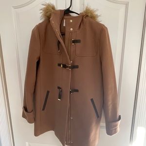 Cole Haan tan wool coat with fur trimmed hood, size 4